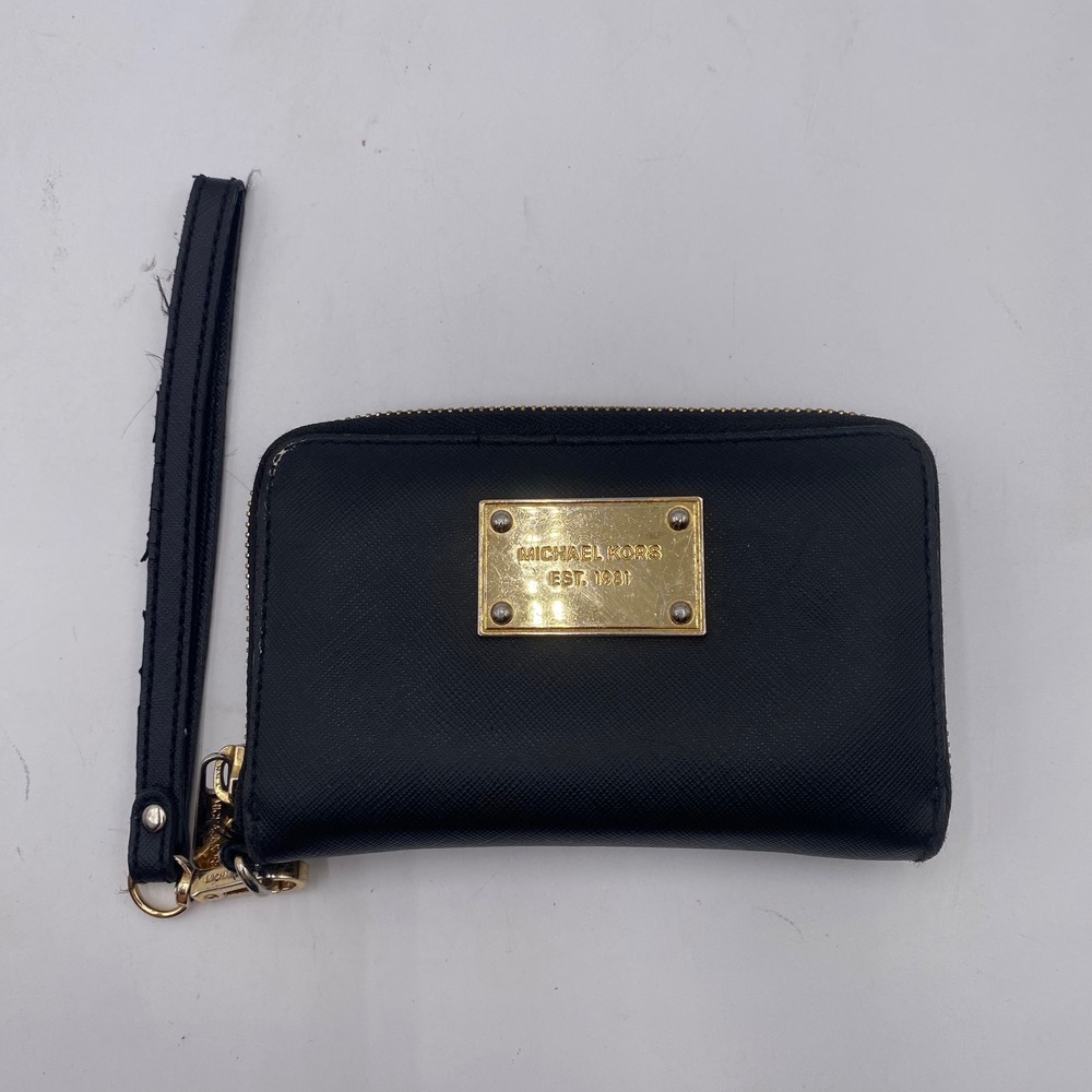 Michael Kors Jet Set Zip Around Wristlet Wallet Womens Black Saffiano Gold